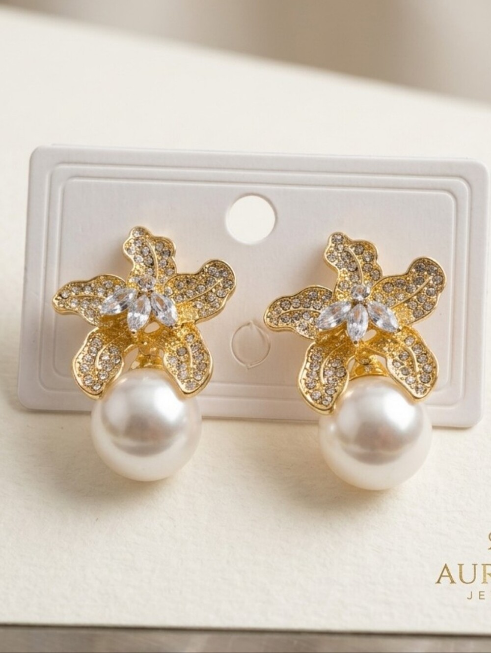 Gold Flower Pearl Drop Earrings with Clear Crystals Like Rhinestone - Picture 7 of 16